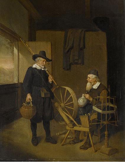 Quirijn van Brekelenkam Interior with angler and man behind a spinning wheel. oil painting image